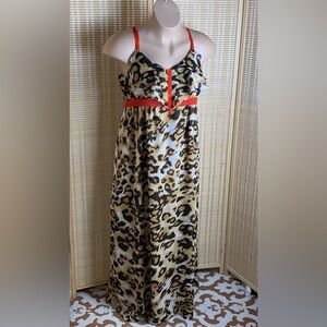 🔶Nicole Miller | Long Brown Leopard Animal Print Sleeveless Red Accent Size 16